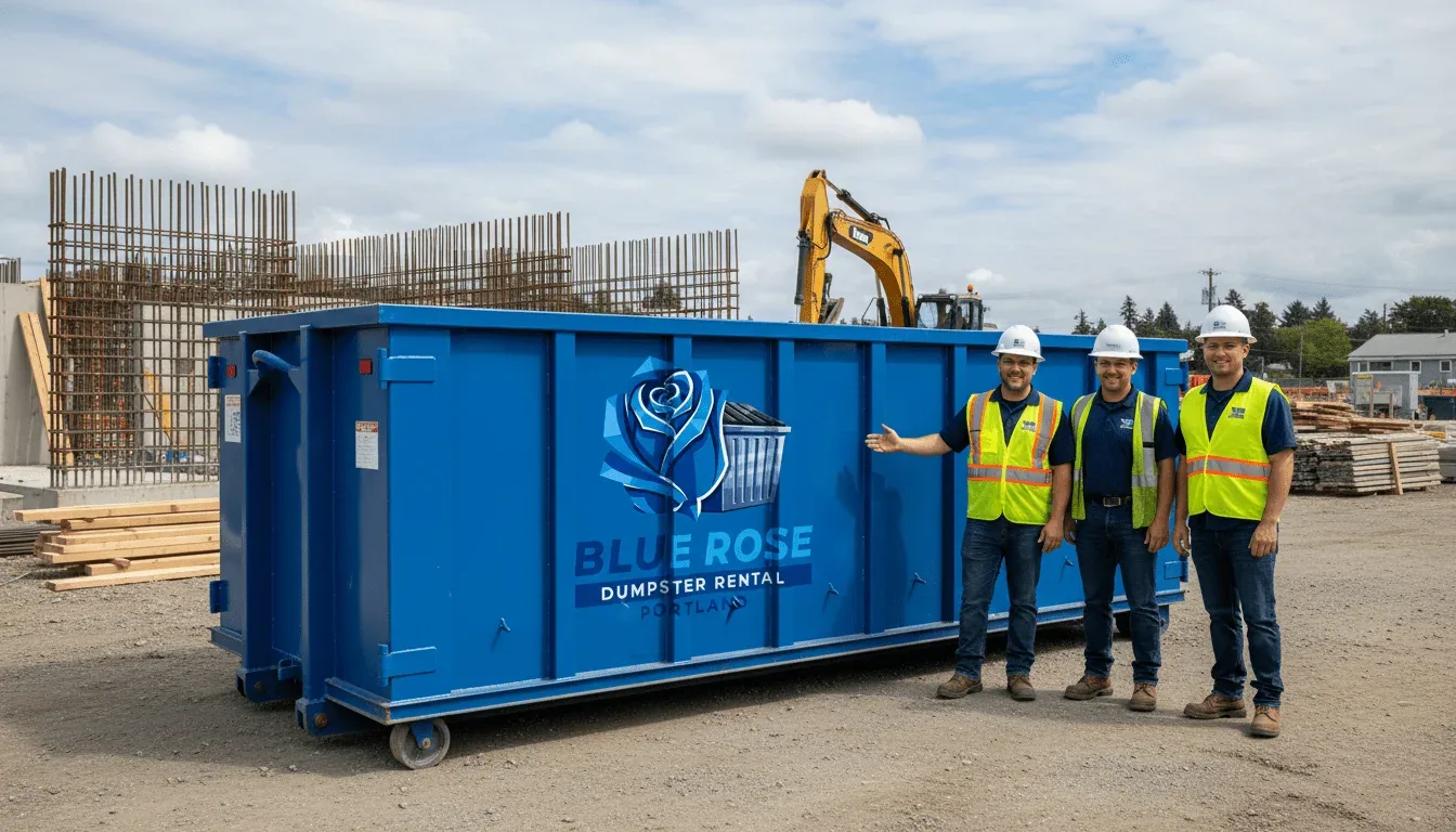 The Blue Rose Dumpster Rental Portland crew with a roll-off truck and container in Portland, OR