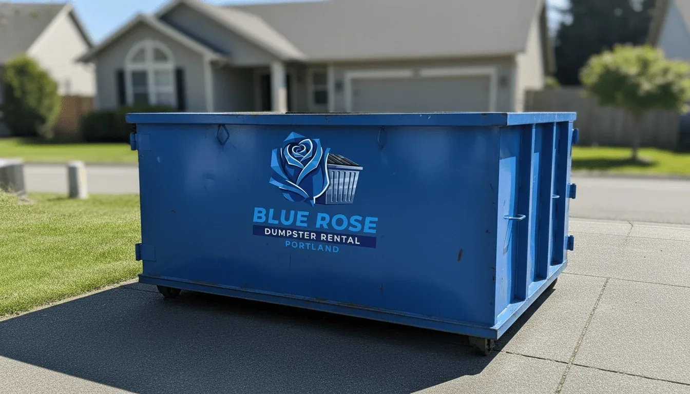 Blue Rose Dumpster Rental Portland roll-off truck delivering a container in Portland, OR